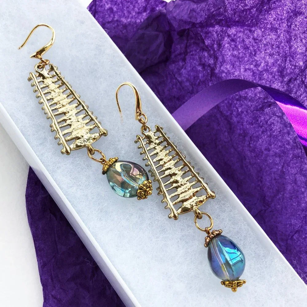 Long party earrings for women, glass bead drop dangle earrings gold handmade